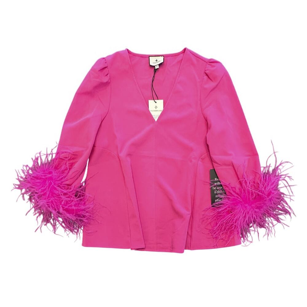 Tuckernuck NWT Easton Hot Pink Satin Feather V-Neck Top Blouse Medium NEW - Picture 2 of 4